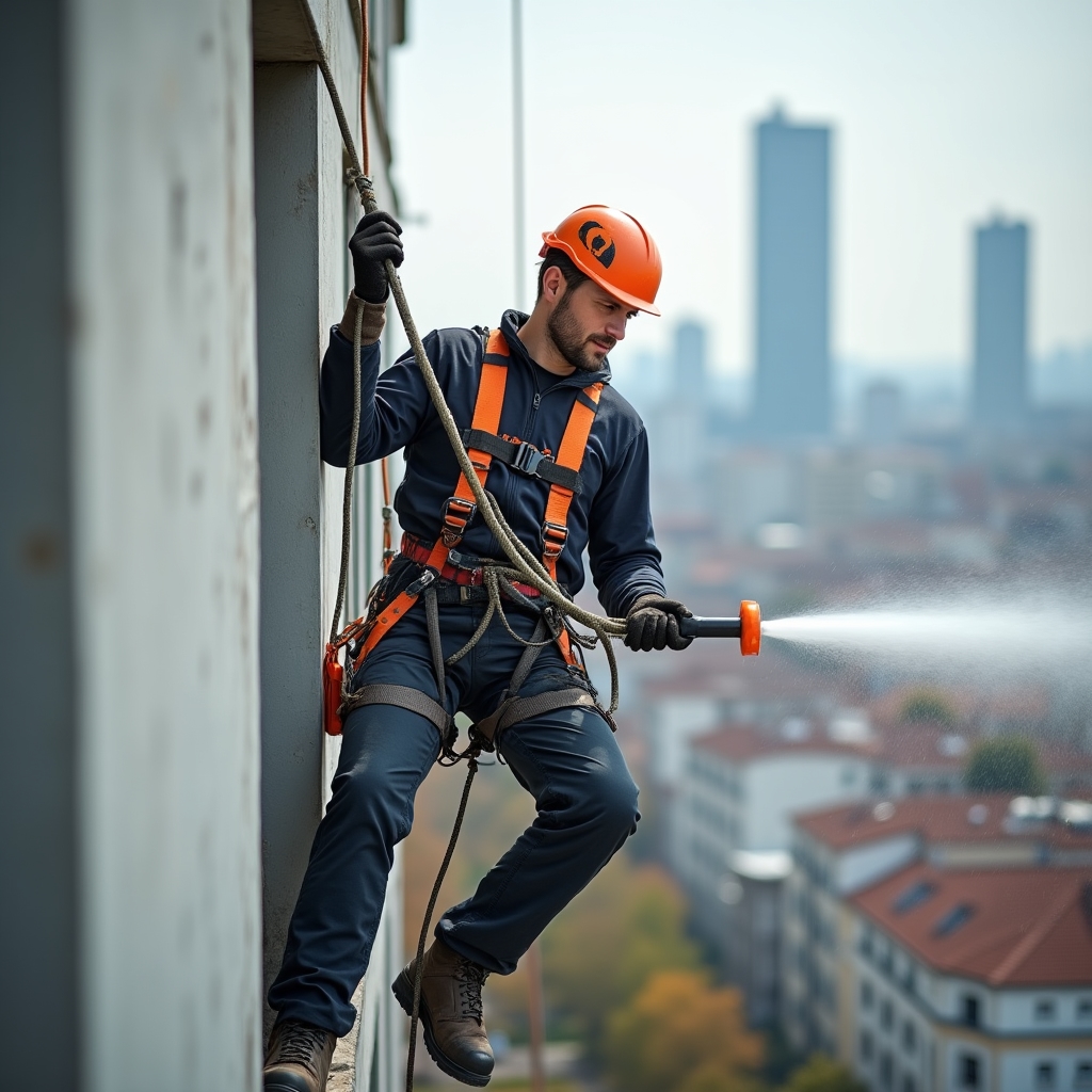 Alpinist utilitar lucrând pe fațada unei clădiri