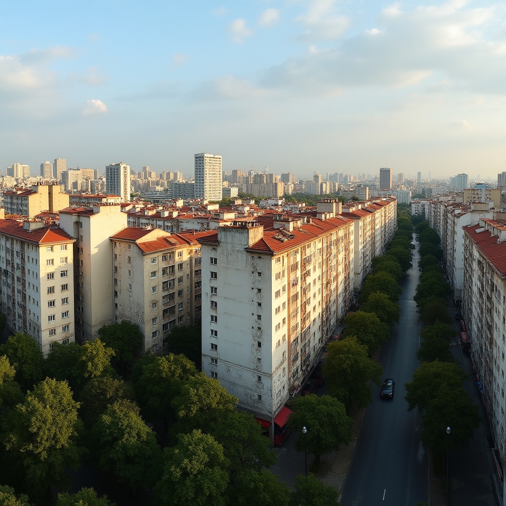 Panoramă cu clădiri din București cu fațade diverse